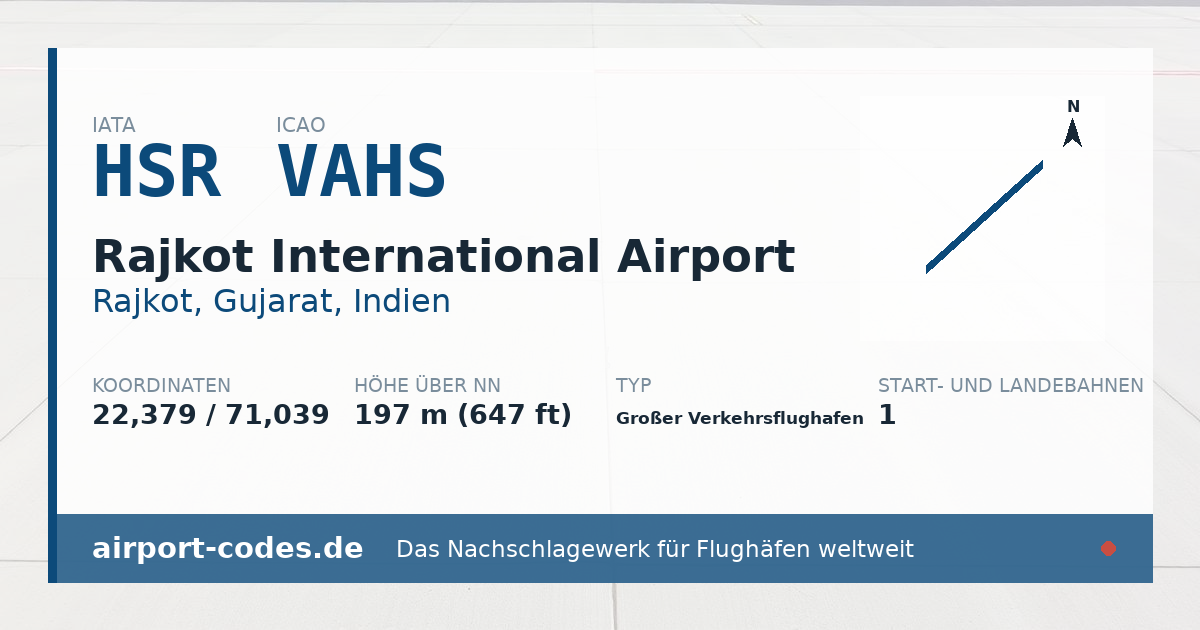 Generierte Übersichtsgrafik zum Flughafen Rajkot International Airport mit Codes, Koordinaten und Bahnenskizze