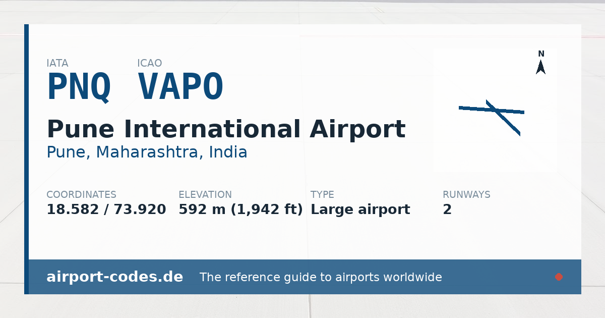 Generated summary graphic for Pune International Airport showing codes, coordinates and a runway sketch