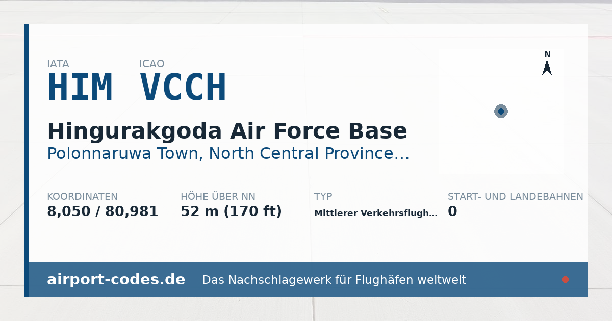 Generierte Übersichtsgrafik zum Flughafen Hingurakgoda Air Force Base mit Codes, Koordinaten und Bahnenskizze