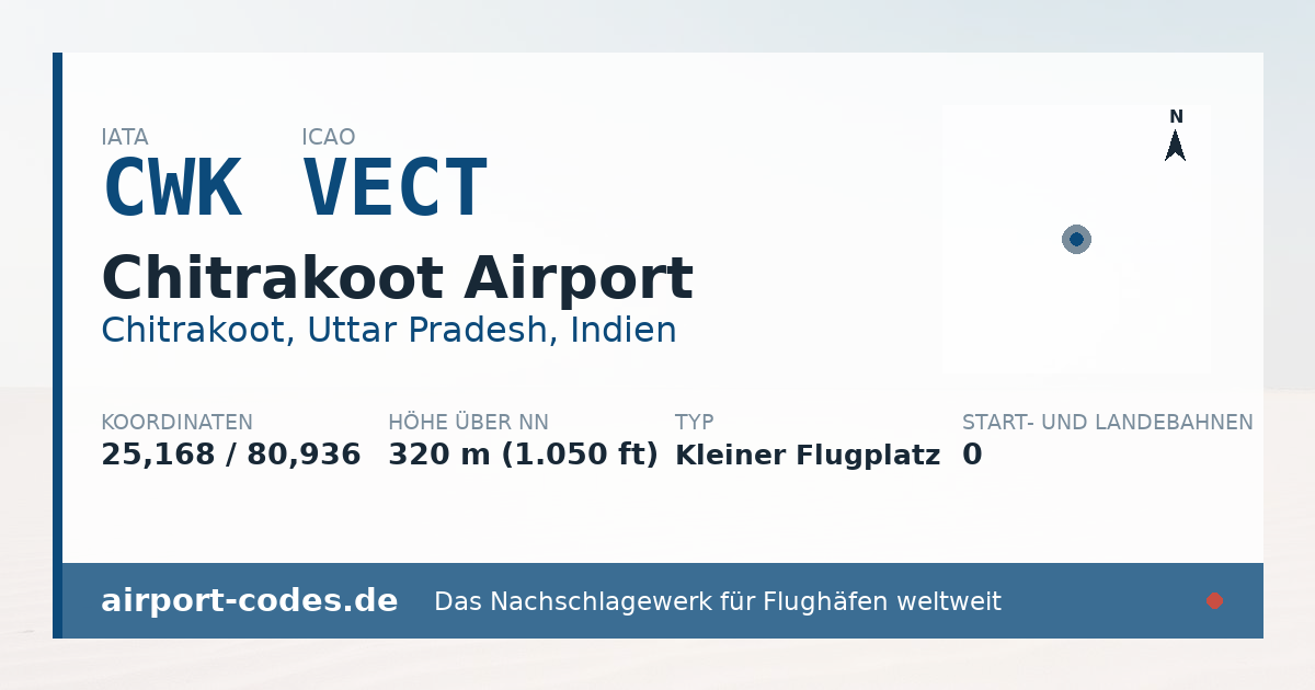 Generierte Übersichtsgrafik zum Flughafen Chitrakoot Airport mit Codes, Koordinaten und Bahnenskizze