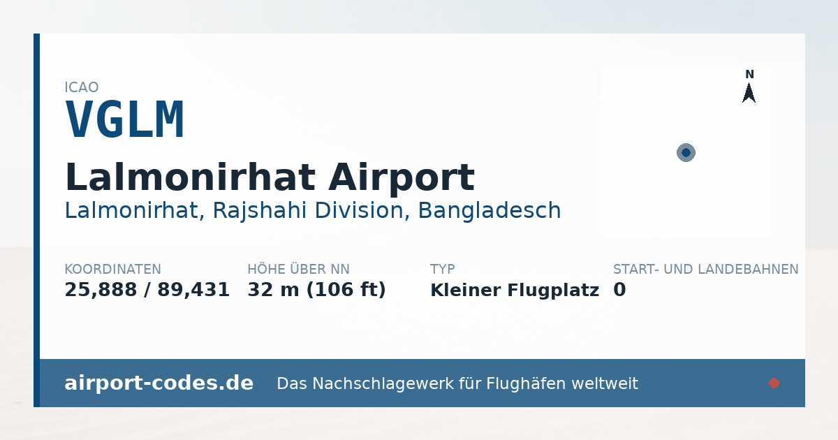 Generierte Übersichtsgrafik zum Flughafen Lalmonirhat Airport mit Codes, Koordinaten und Bahnenskizze
