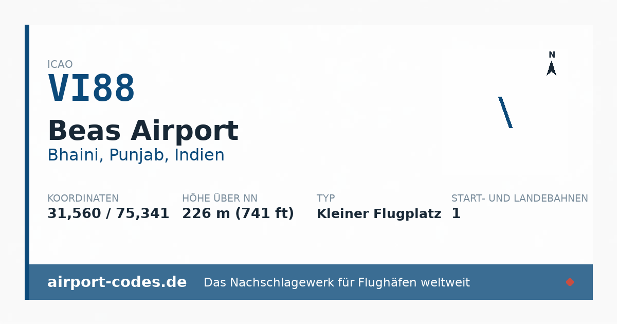 Generierte Übersichtsgrafik zum Flughafen Beas Airport mit Codes, Koordinaten und Bahnenskizze