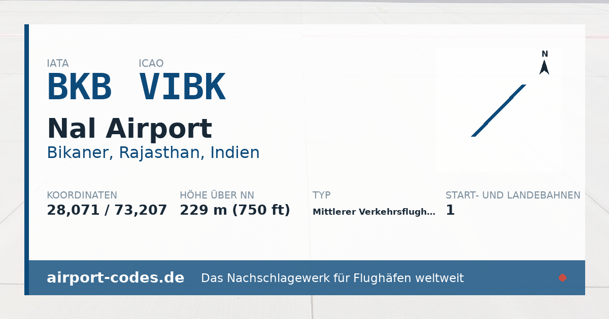 Generierte Übersichtsgrafik zum Flughafen Nal Airport mit Codes, Koordinaten und Bahnenskizze