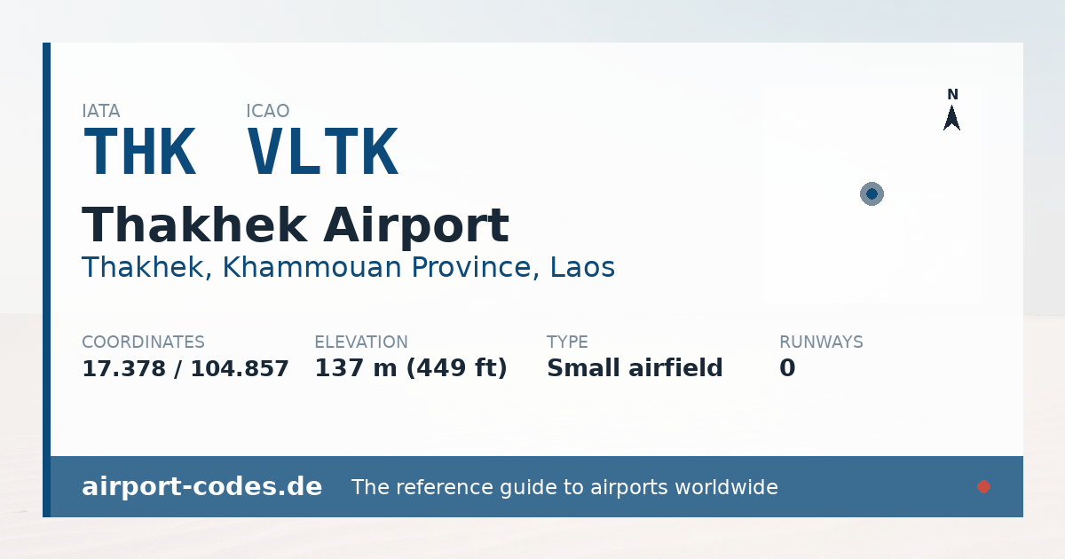 Generated summary graphic for Thakhek Airport showing codes, coordinates and a runway sketch
