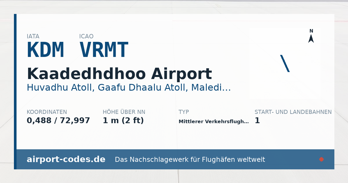 Generierte Übersichtsgrafik zum Flughafen Kaadedhdhoo Airport mit Codes, Koordinaten und Bahnenskizze