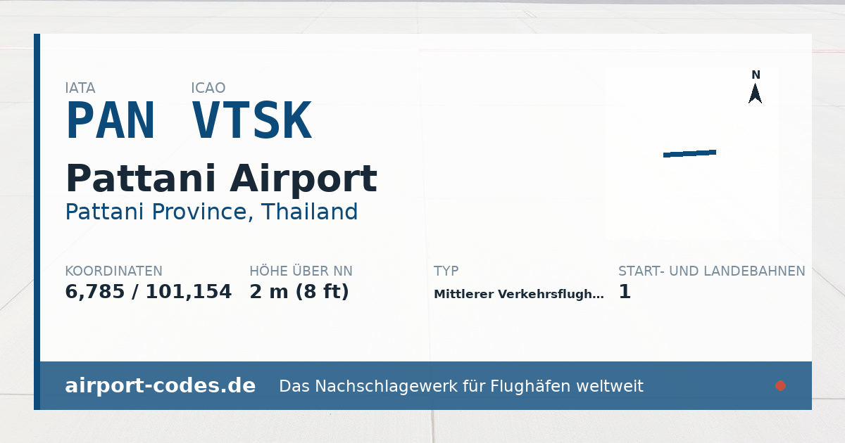 Generierte Übersichtsgrafik zum Flughafen Pattani Airport mit Codes, Koordinaten und Bahnenskizze