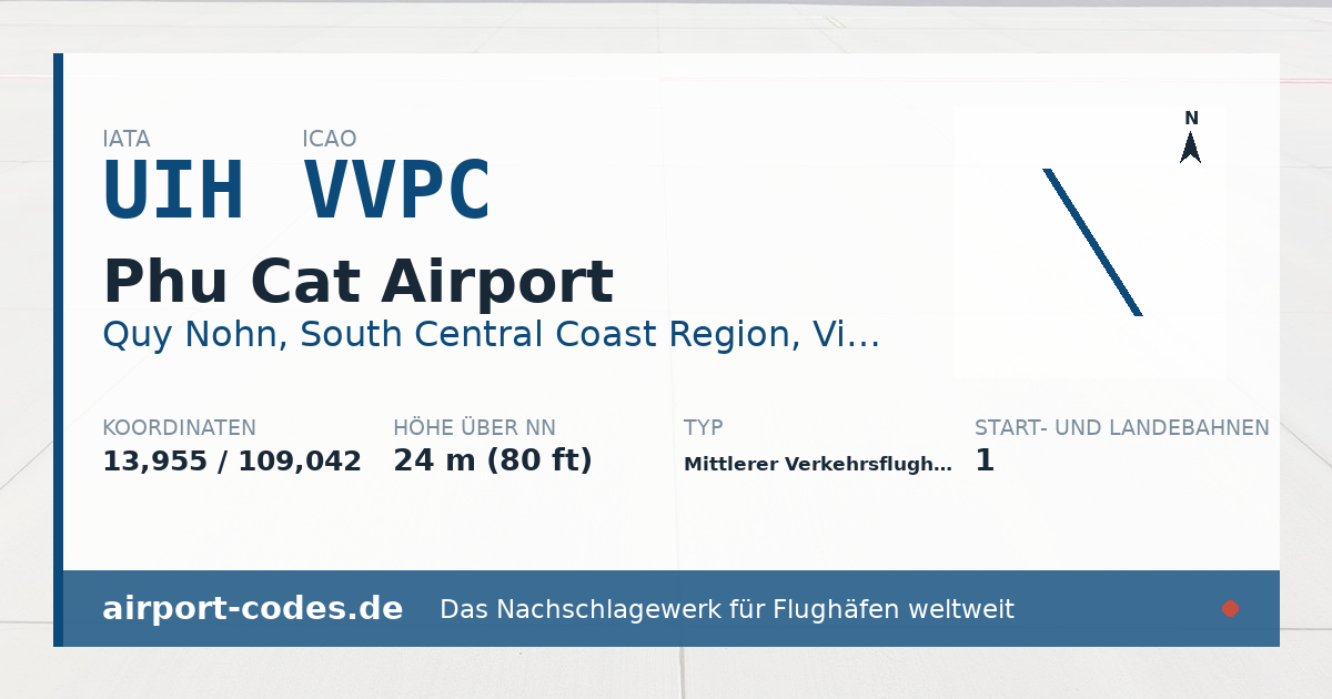Generierte Übersichtsgrafik zum Flughafen Phu Cat Airport mit Codes, Koordinaten und Bahnenskizze