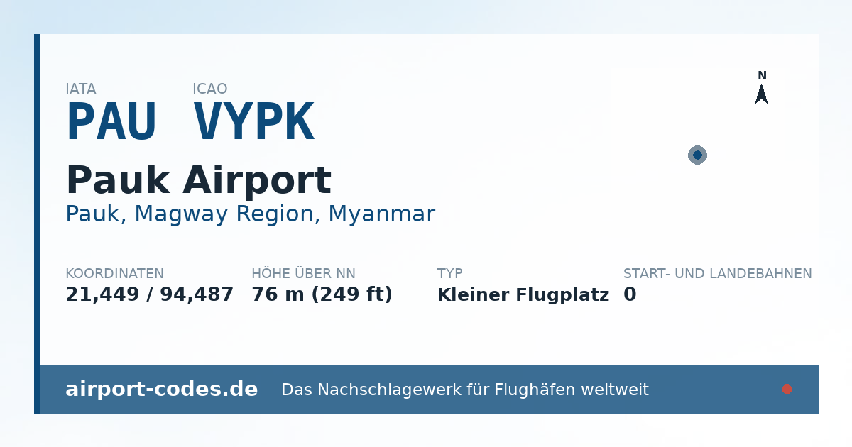 Generierte Übersichtsgrafik zum Flughafen Pauk Airport mit Codes, Koordinaten und Bahnenskizze
