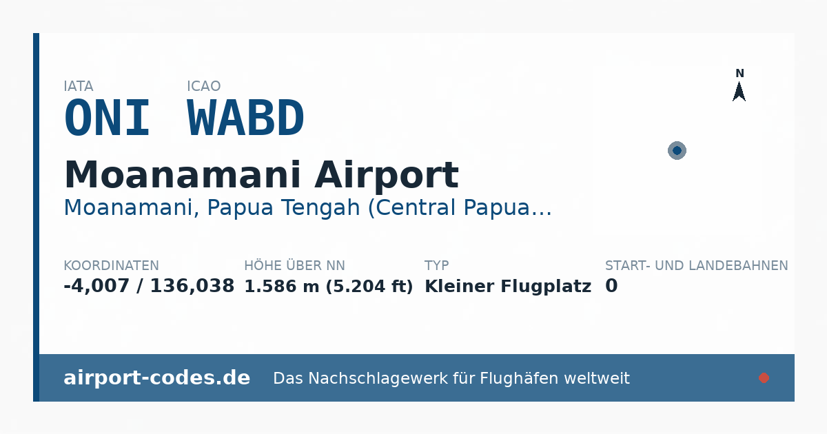 Generierte Übersichtsgrafik zum Flughafen Moanamani Airport mit Codes, Koordinaten und Bahnenskizze