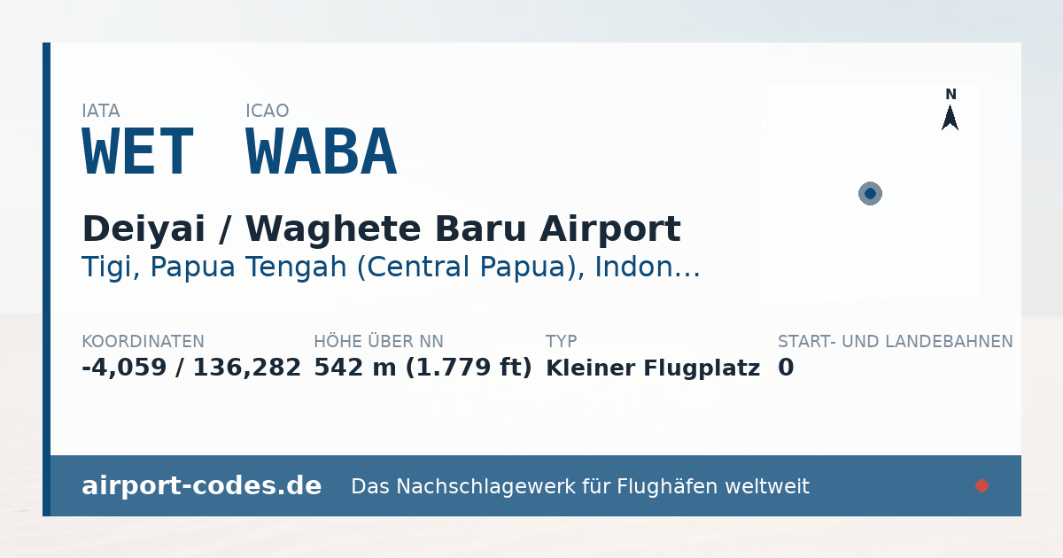 Generierte Übersichtsgrafik zum Flughafen Deiyai / Waghete Baru Airport mit Codes, Koordinaten und Bahnenskizze