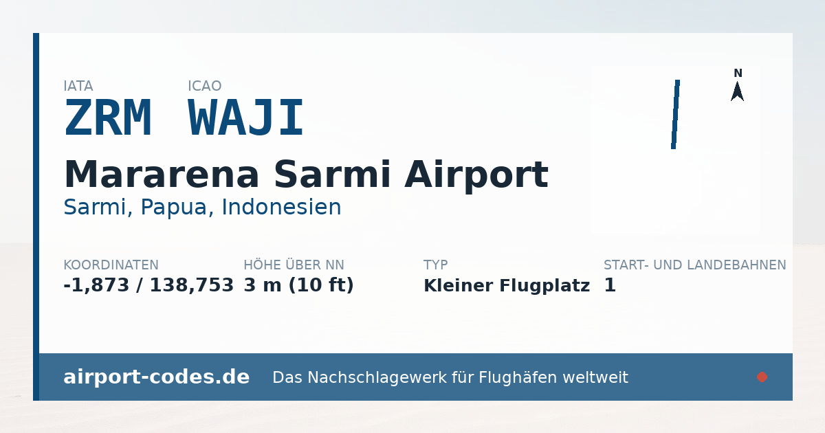 Generierte Übersichtsgrafik zum Flughafen Mararena Sarmi Airport mit Codes, Koordinaten und Bahnenskizze