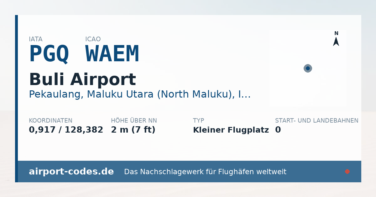 Generierte Übersichtsgrafik zum Flughafen Buli Airport mit Codes, Koordinaten und Bahnenskizze