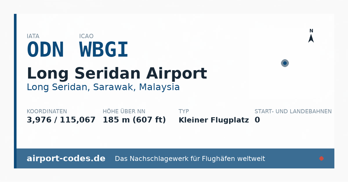 Generierte Übersichtsgrafik zum Flughafen Long Seridan Airport mit Codes, Koordinaten und Bahnenskizze