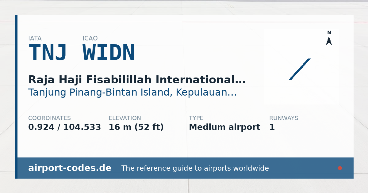 Generated summary graphic for Raja Haji Fisabilillah International Airport showing codes, coordinates and a runway sketch