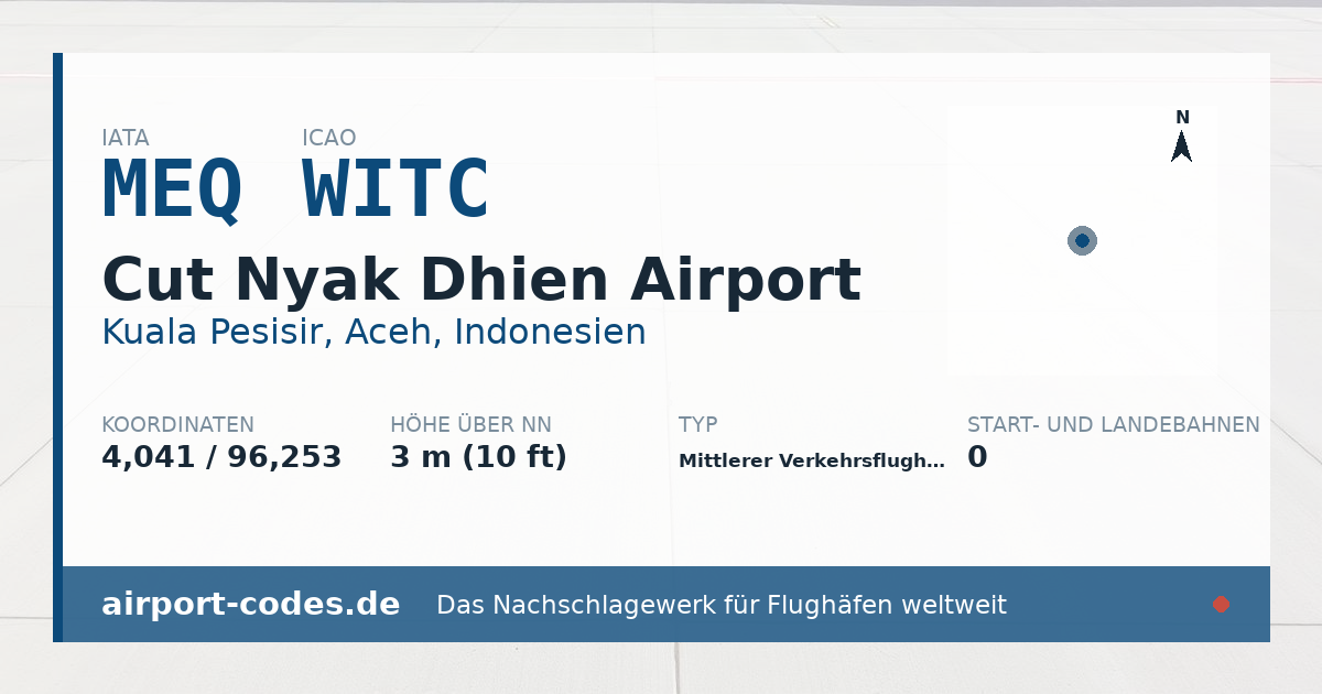 Generierte Übersichtsgrafik zum Flughafen Cut Nyak Dhien Airport mit Codes, Koordinaten und Bahnenskizze
