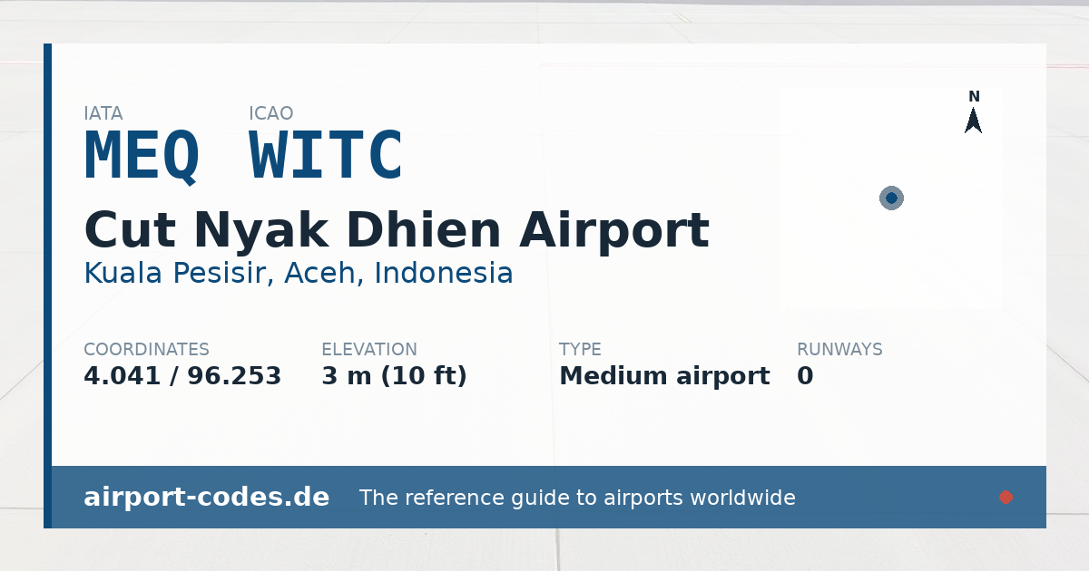 Generated summary graphic for Cut Nyak Dhien Airport showing codes, coordinates and a runway sketch