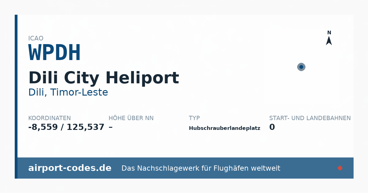 Generierte Übersichtsgrafik zum Flughafen Dili City Heliport mit Codes, Koordinaten und Bahnenskizze