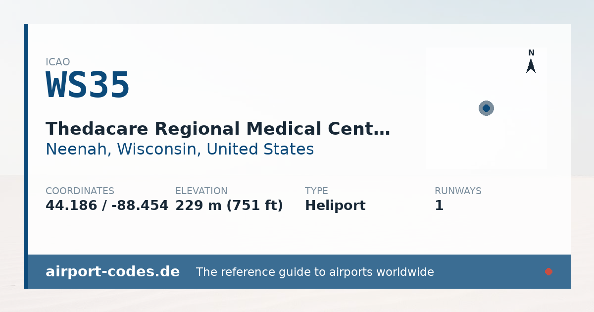 Generated summary graphic for Thedacare Regional Medical Center - Neenah Heliport showing codes, coordinates and a runway sketch