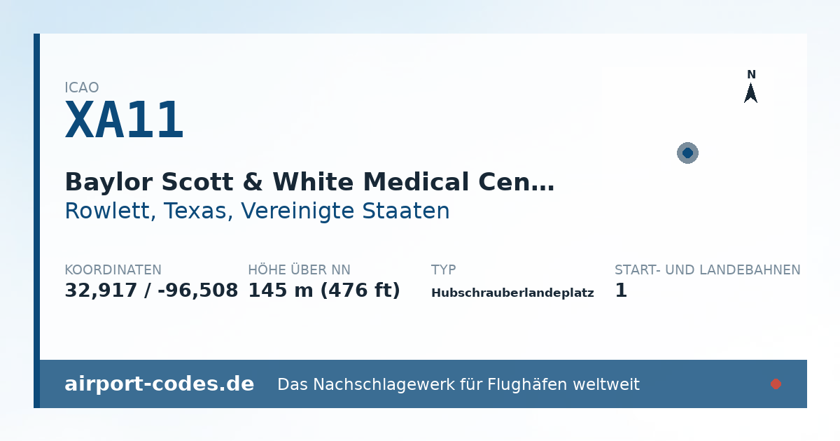Generierte Übersichtsgrafik zum Flughafen Baylor Scott & White Medical Center - Lake Pointe Heliport mit Codes, Koordinaten und Bahnenskizze