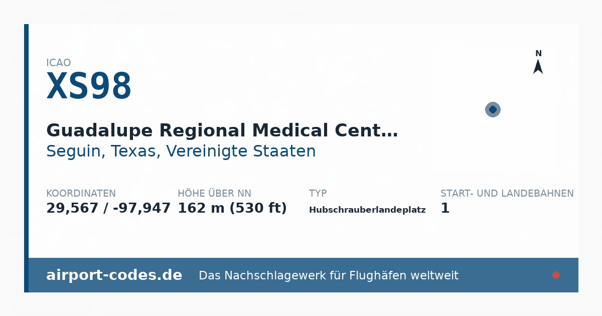 Generierte Übersichtsgrafik zum Flughafen Guadalupe Regional Medical Center Heliport mit Codes, Koordinaten und Bahnenskizze