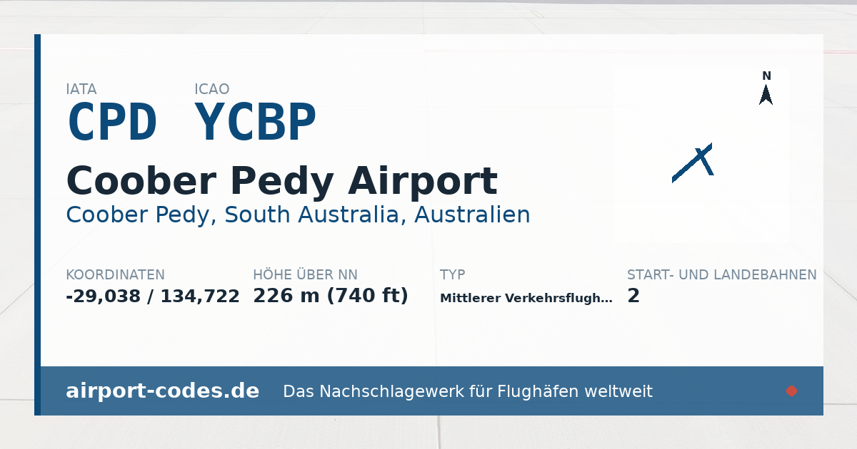Generierte Übersichtsgrafik zum Flughafen Coober Pedy Airport mit Codes, Koordinaten und Bahnenskizze