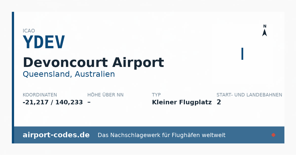 Generierte Übersichtsgrafik zum Flughafen Devoncourt Airport mit Codes, Koordinaten und Bahnenskizze