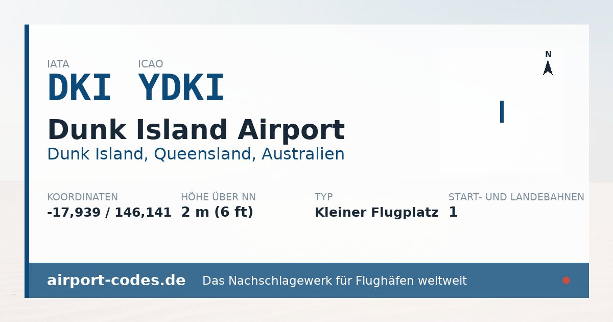 Generierte Übersichtsgrafik zum Flughafen Dunk Island Airport mit Codes, Koordinaten und Bahnenskizze
