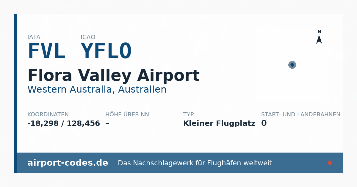 Generierte Übersichtsgrafik zum Flughafen Flora Valley Airport mit Codes, Koordinaten und Bahnenskizze