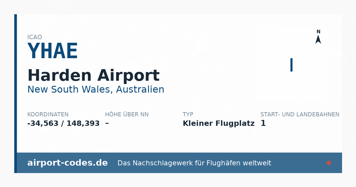 Generierte Übersichtsgrafik zum Flughafen Harden Airport mit Codes, Koordinaten und Bahnenskizze