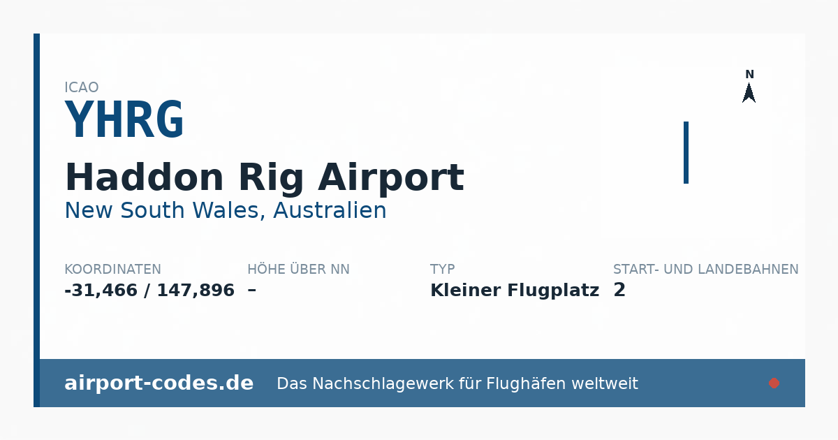 Generierte Übersichtsgrafik zum Flughafen Haddon Rig Airport mit Codes, Koordinaten und Bahnenskizze