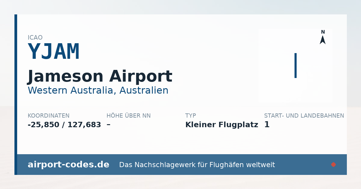Generierte Übersichtsgrafik zum Flughafen Jameson Airport mit Codes, Koordinaten und Bahnenskizze