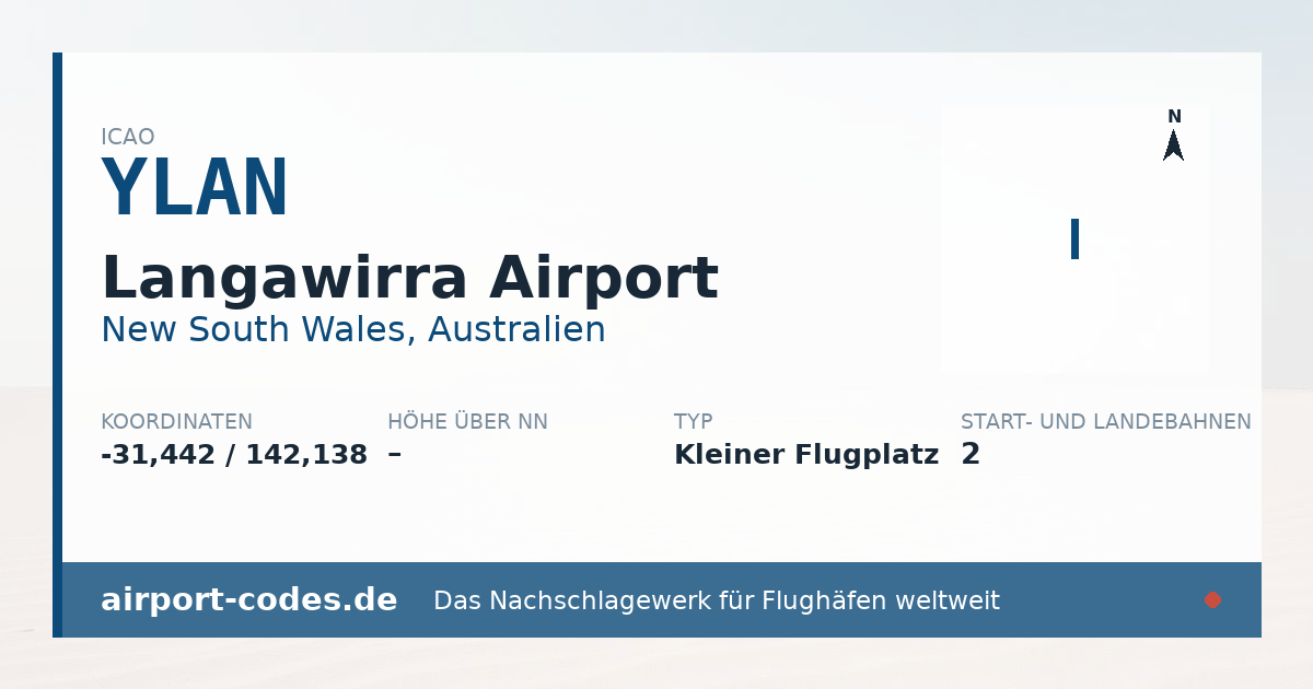 Generierte Übersichtsgrafik zum Flughafen Langawirra Airport mit Codes, Koordinaten und Bahnenskizze