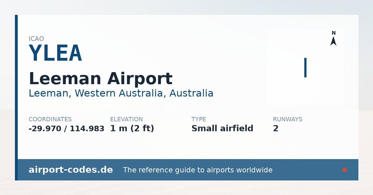 Generated summary graphic for Leeman Airport showing codes, coordinates and a runway sketch
