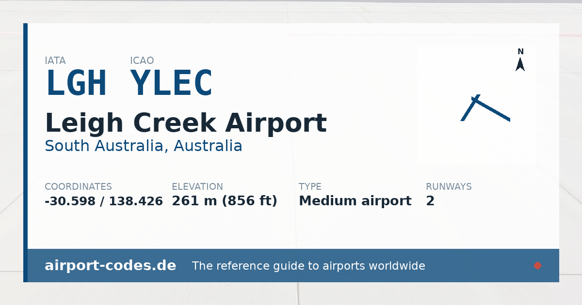 Generated summary graphic for Leigh Creek Airport showing codes, coordinates and a runway sketch