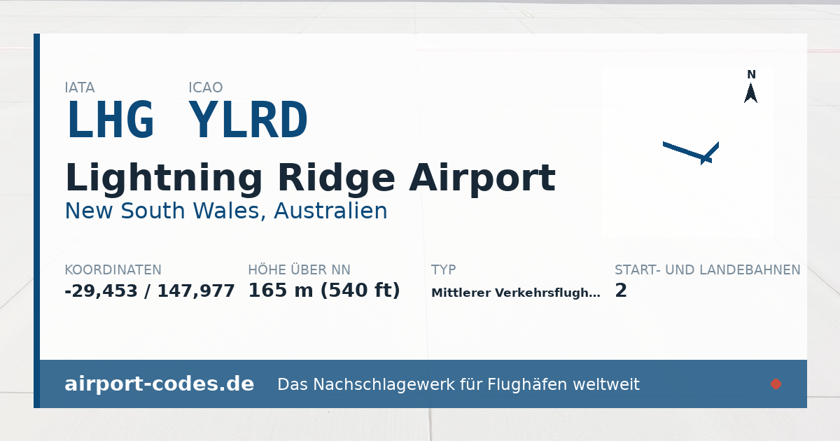 Generierte Übersichtsgrafik zum Flughafen Lightning Ridge Airport mit Codes, Koordinaten und Bahnenskizze