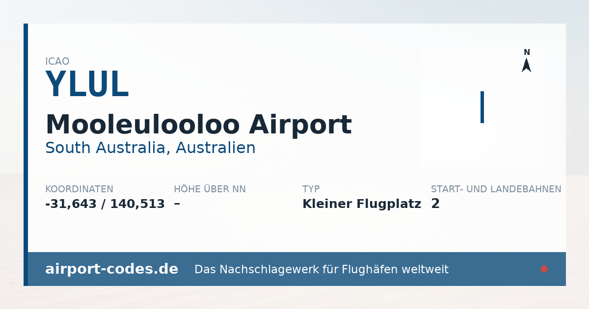 Generierte Übersichtsgrafik zum Flughafen Mooleulooloo Airport mit Codes, Koordinaten und Bahnenskizze