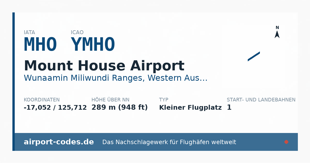Generierte Übersichtsgrafik zum Flughafen Mount House Airport mit Codes, Koordinaten und Bahnenskizze