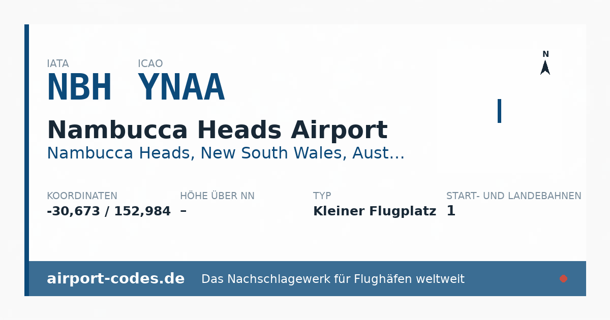 Generierte Übersichtsgrafik zum Flughafen Nambucca Heads Airport mit Codes, Koordinaten und Bahnenskizze