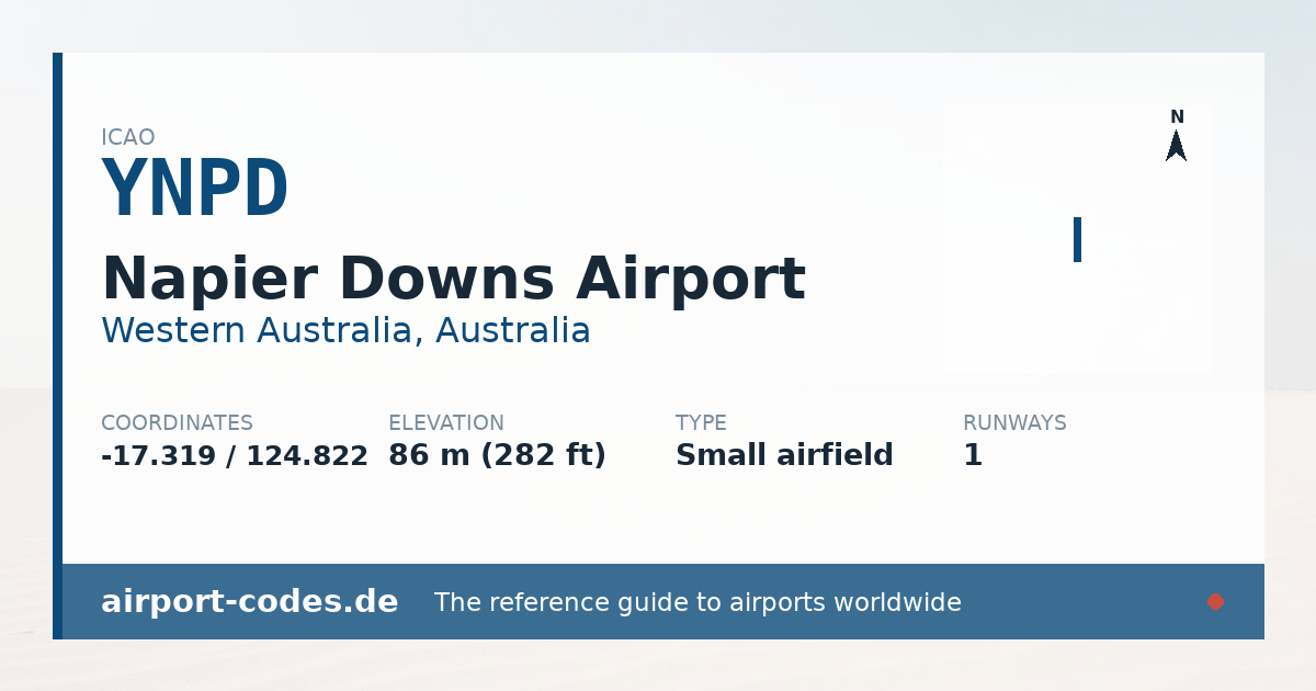 Generated summary graphic for Napier Downs Airport showing codes, coordinates and a runway sketch