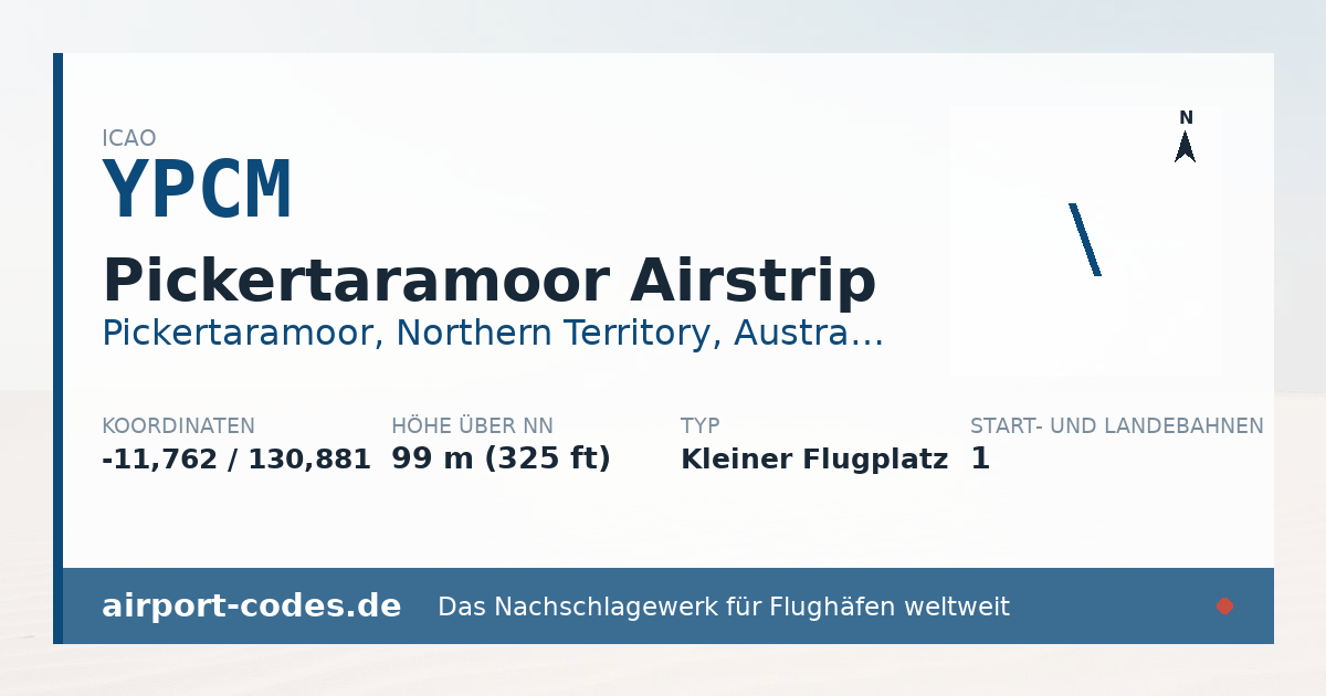Generierte Übersichtsgrafik zum Flughafen Pickertaramoor Airstrip mit Codes, Koordinaten und Bahnenskizze