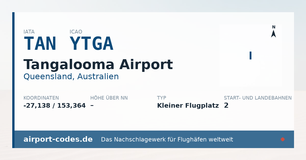 Generierte Übersichtsgrafik zum Flughafen Tangalooma Airport mit Codes, Koordinaten und Bahnenskizze