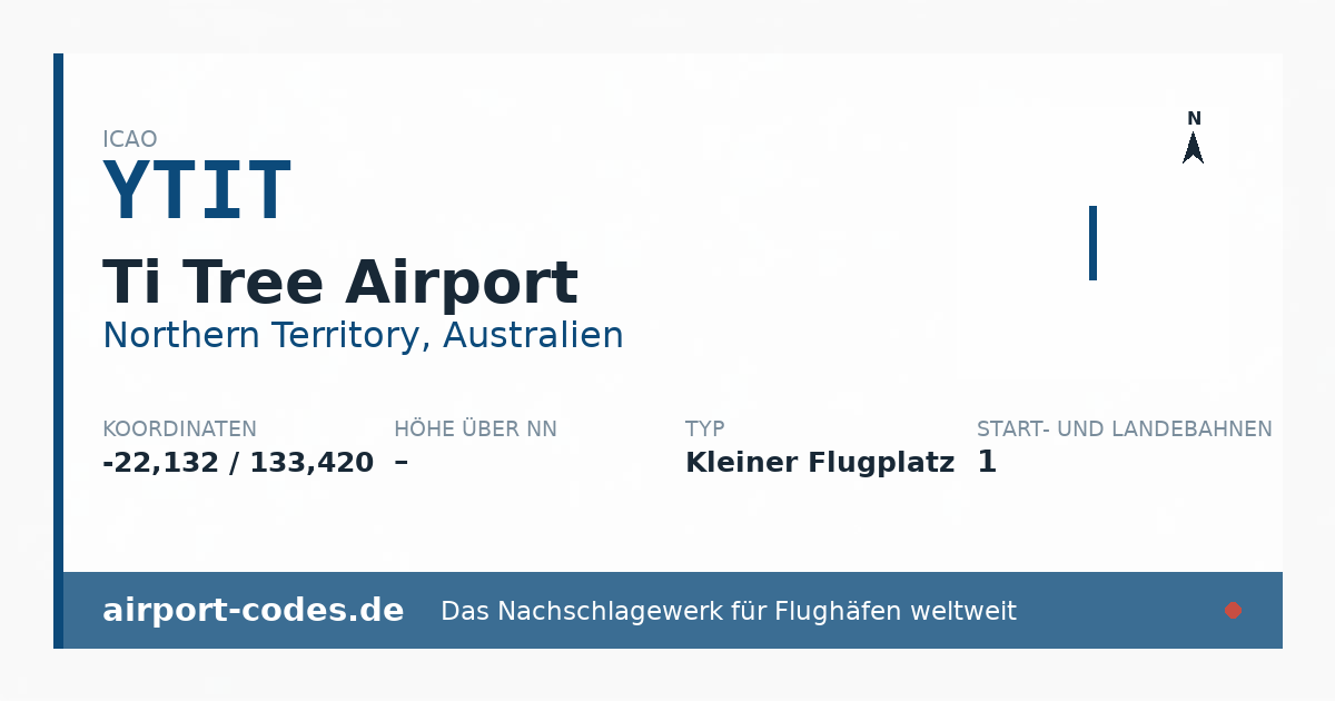 Generierte Übersichtsgrafik zum Flughafen Ti Tree Airport mit Codes, Koordinaten und Bahnenskizze
