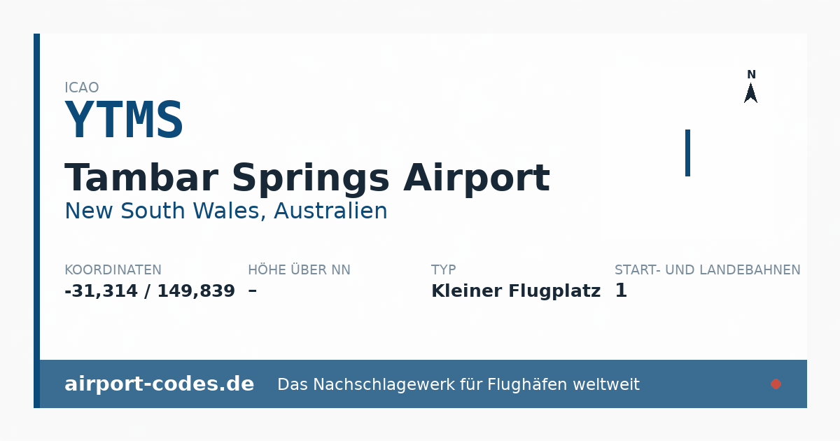 Generierte Übersichtsgrafik zum Flughafen Tambar Springs Airport mit Codes, Koordinaten und Bahnenskizze