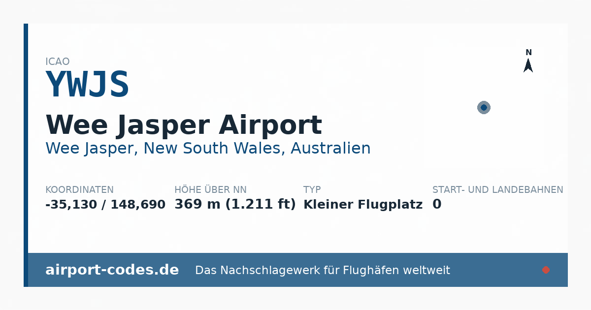 Generierte Übersichtsgrafik zum Flughafen Wee Jasper Airport mit Codes, Koordinaten und Bahnenskizze