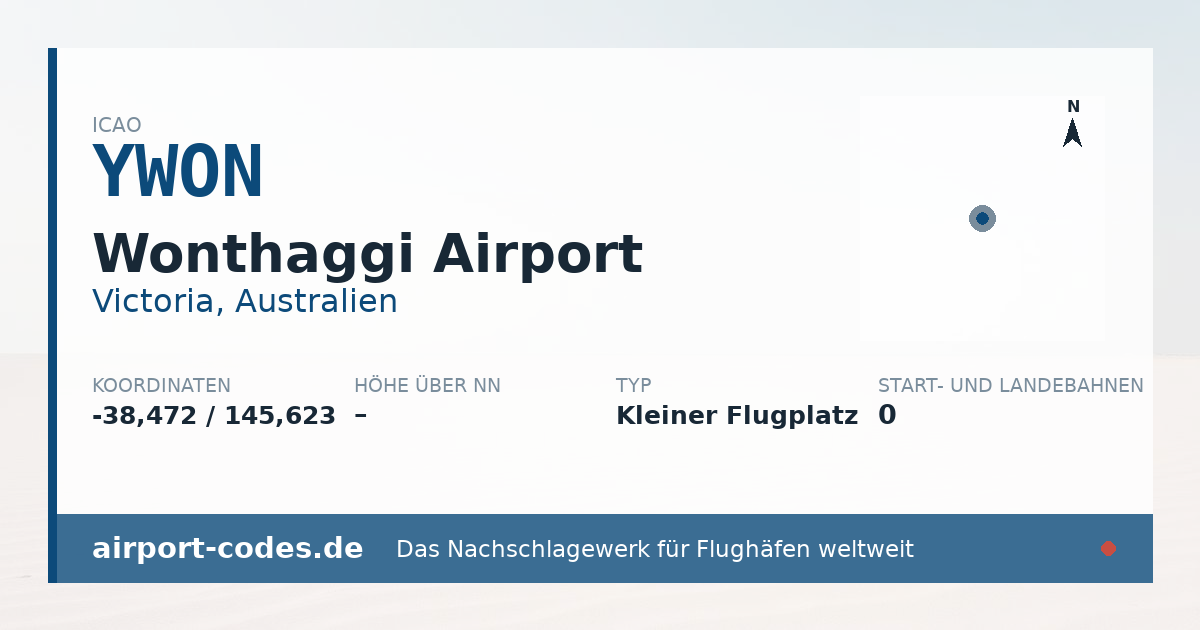 Generierte Übersichtsgrafik zum Flughafen Wonthaggi Airport mit Codes, Koordinaten und Bahnenskizze