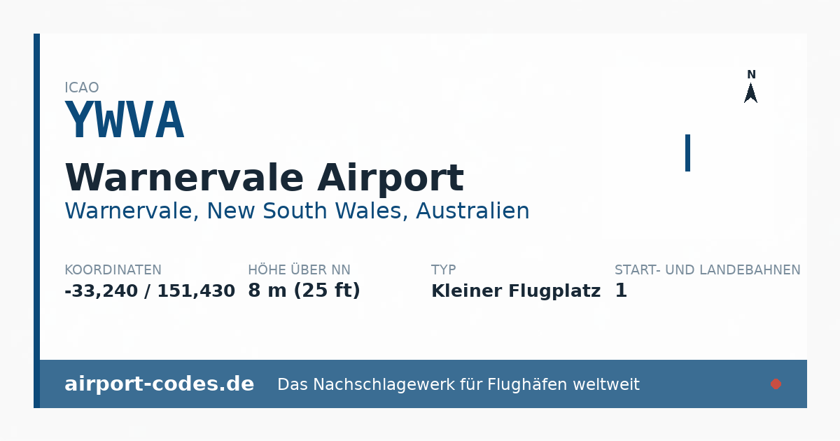 Generierte Übersichtsgrafik zum Flughafen Warnervale Airport mit Codes, Koordinaten und Bahnenskizze