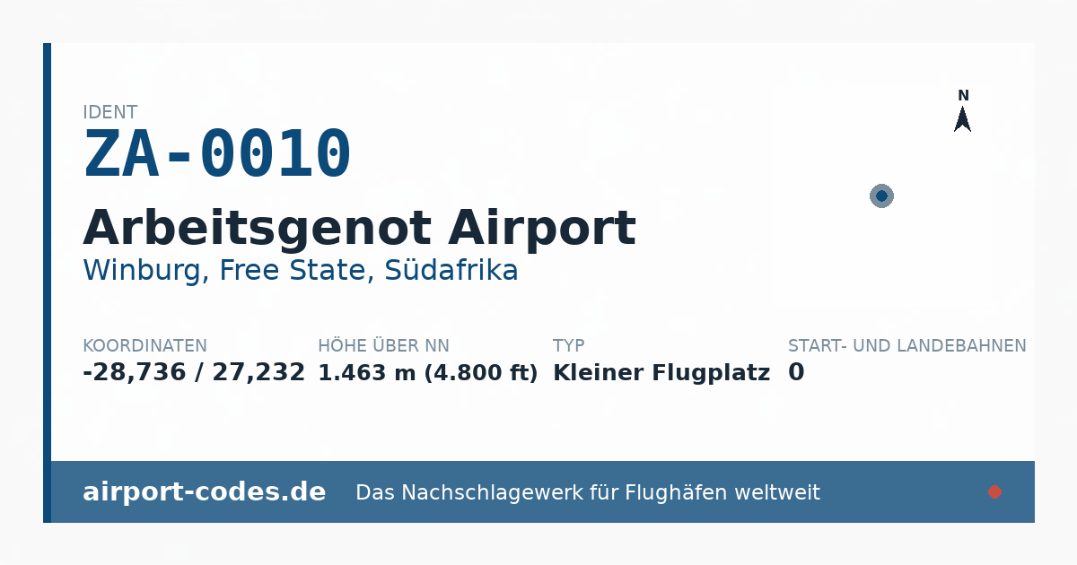 Generierte Übersichtsgrafik zum Flughafen Arbeitsgenot Airport mit Codes, Koordinaten und Bahnenskizze
