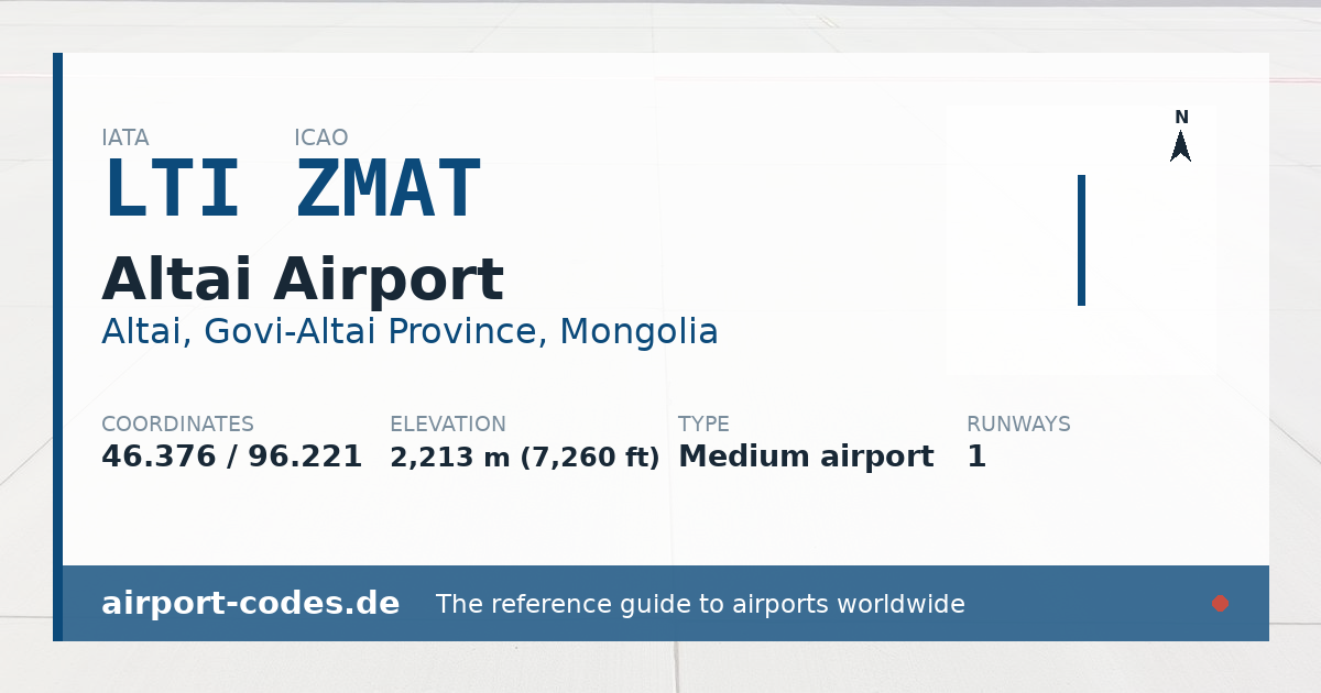 Generated summary graphic for Altai Airport showing codes, coordinates and a runway sketch