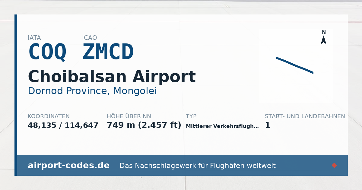 Generierte Übersichtsgrafik zum Flughafen Choibalsan Airport mit Codes, Koordinaten und Bahnenskizze