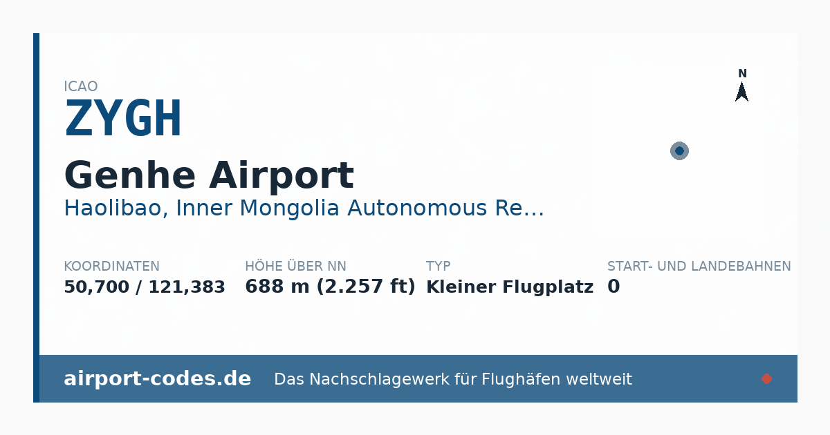 Generierte Übersichtsgrafik zum Flughafen Genhe Airport mit Codes, Koordinaten und Bahnenskizze